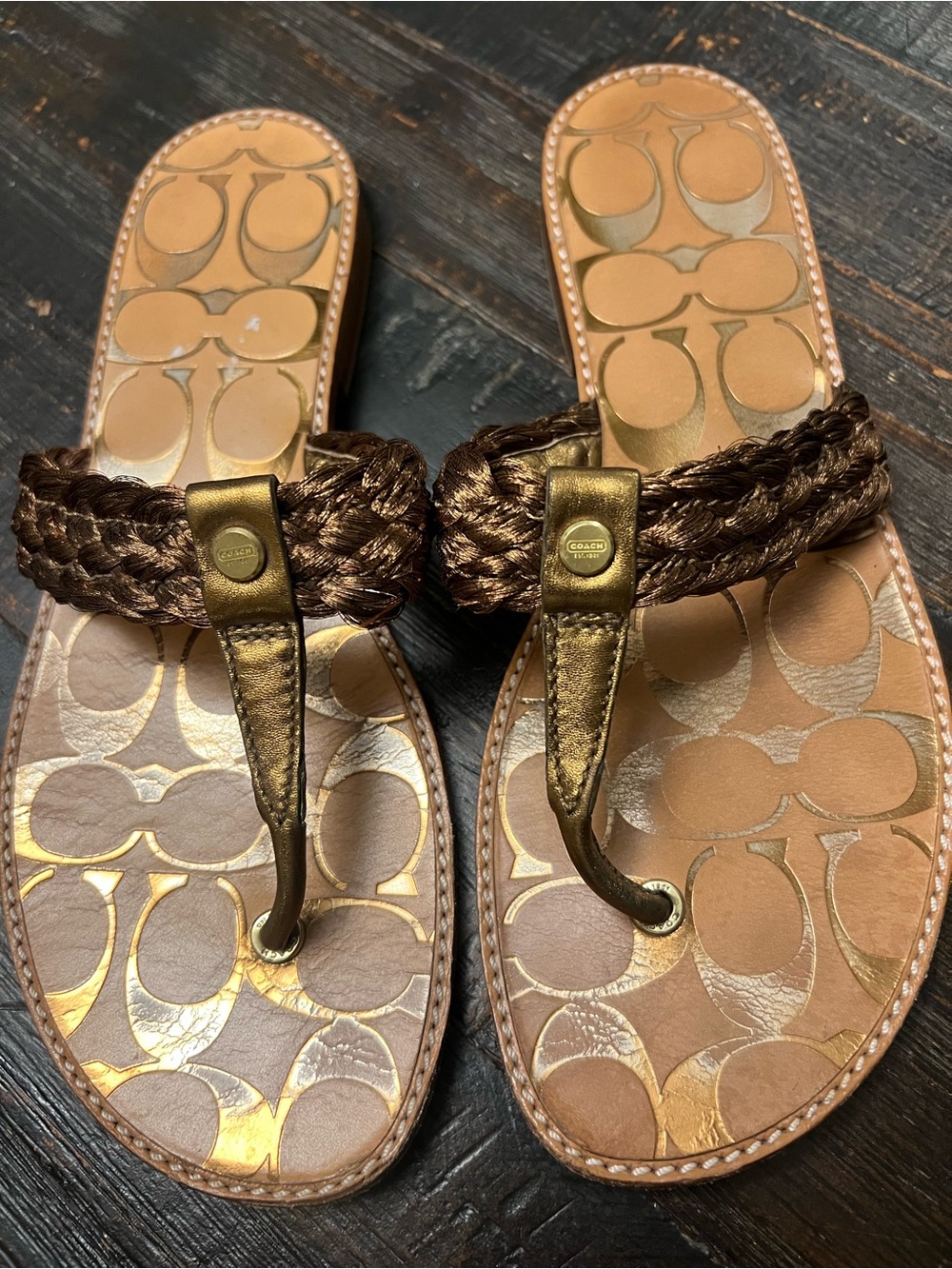 Coach Copper Braided Signature Footbed Flip-Flops Sandals - Picture 2 of 10